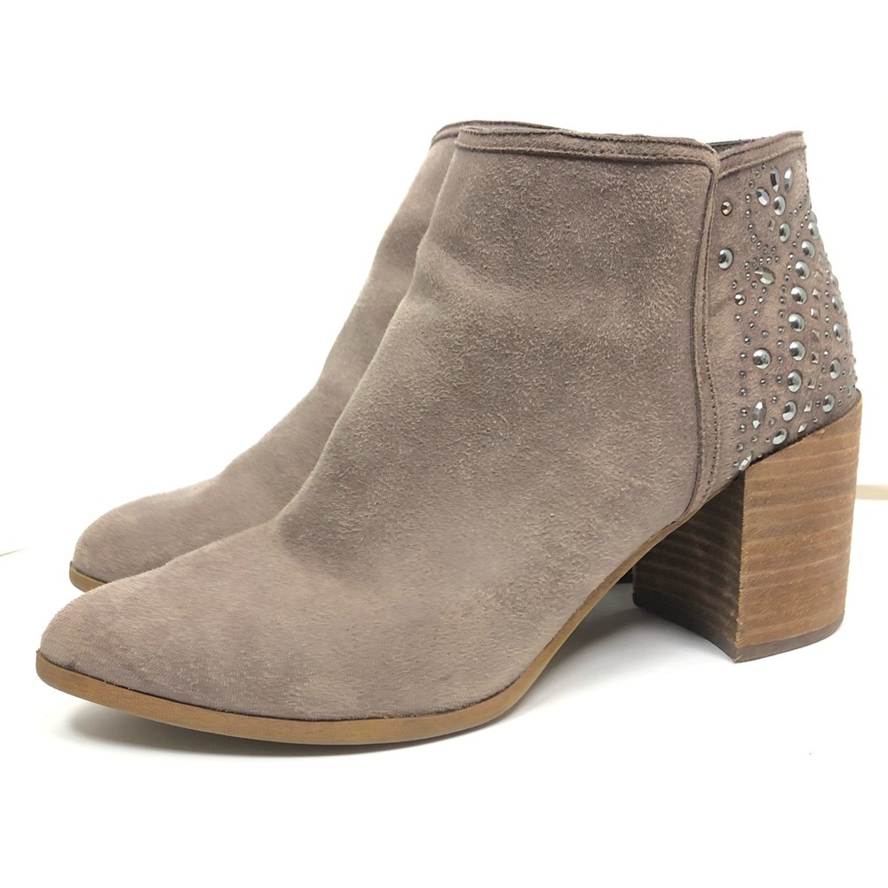 Fergie Booties Size 9 Bless Suede Taupe Chunky Heel Boots Studded